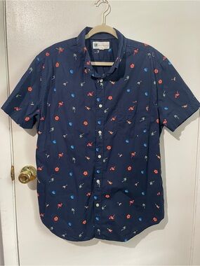 Aeropostale Navy Short-Sleeve Button-Down with Multicolor Tropical Print